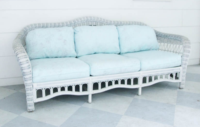 Outdoor Fabric Paint How Well Does It Really Work   Wicker Sofa With Painted Outdoor Cushions 