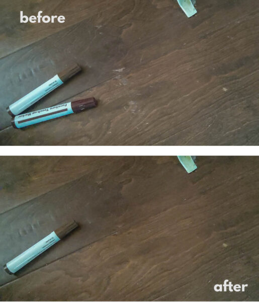 how to fix scratched wood floors - before and after photo.