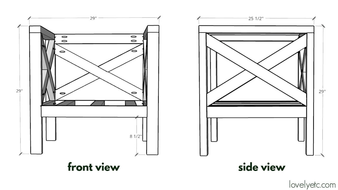 outdoor chair 3d diagram with front and side views with dimensions.