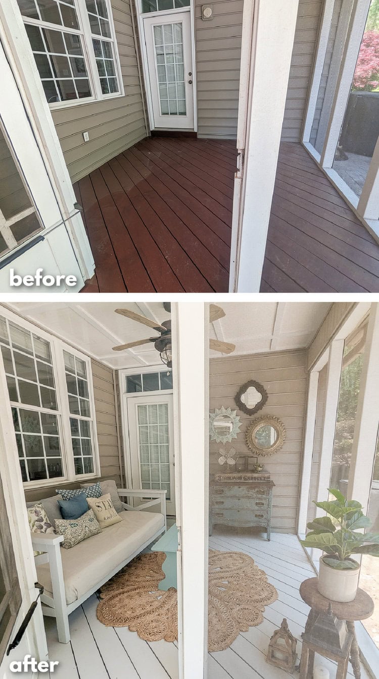 before and after of screened-in porch.