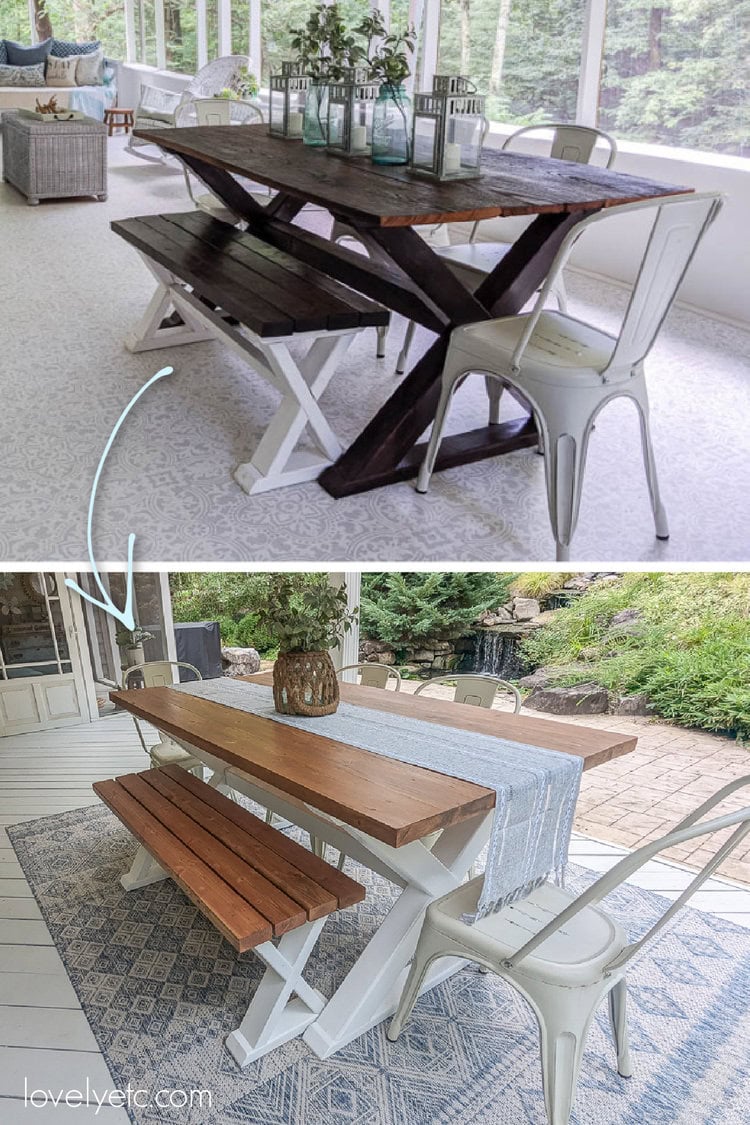 diy outdoor wood table in a dark stain and with a white base and lighter stained top.